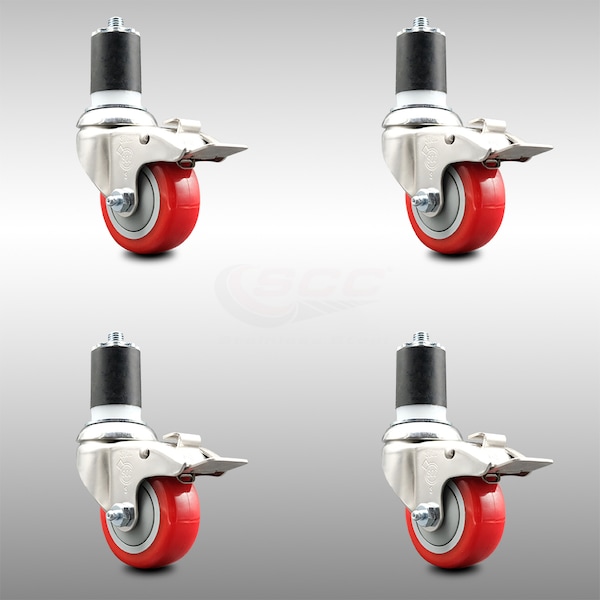 Service Caster 3 Inch 316SS Red Poly Swivel 1-7/8 Inch Expanding Stem Caster Set Lock Brake SCC-SS316TTLEX20S314-PPUB-RED-178-4 - main